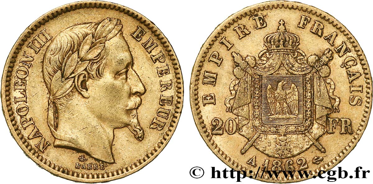 20 francs or Napoléon III, tête laurée, grand A 1862 Paris F.532/4 MBC45 