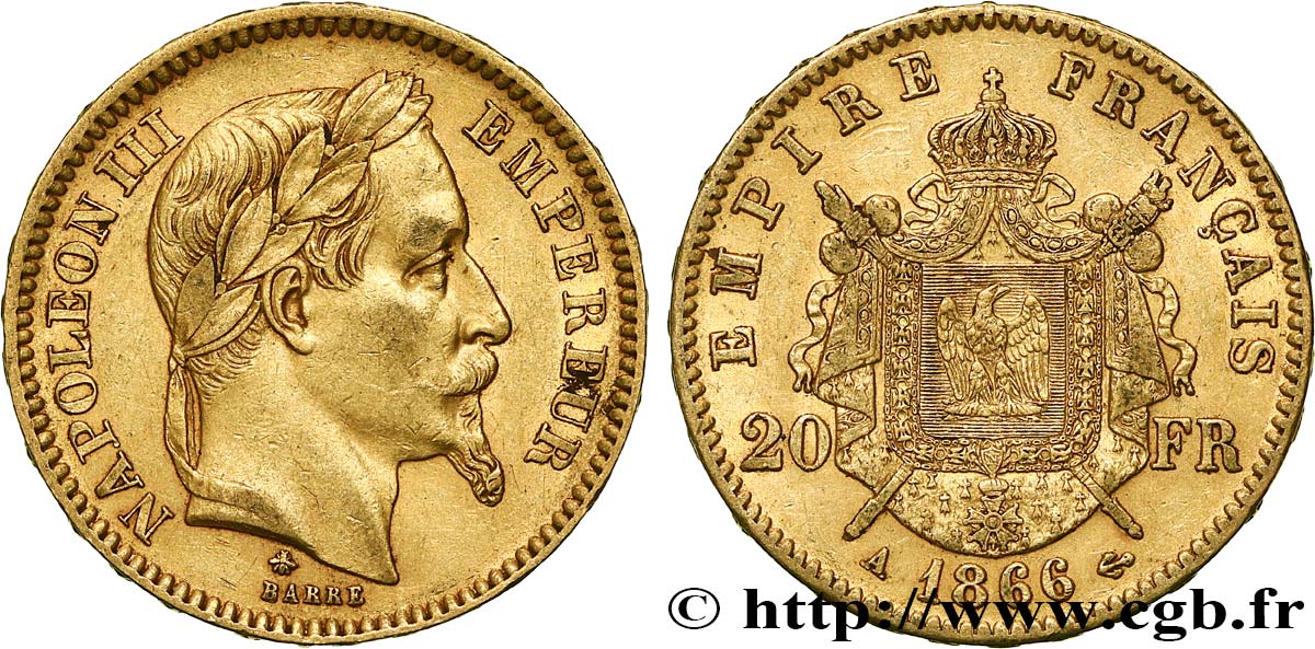 20 francs or Napoléon III, tête laurée 1866 Paris F.532/13 BB50 