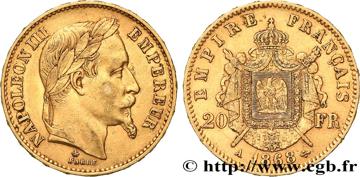 20 francs or Napoléon III, tête laurée 1868 Paris F.532/18 MBC45 