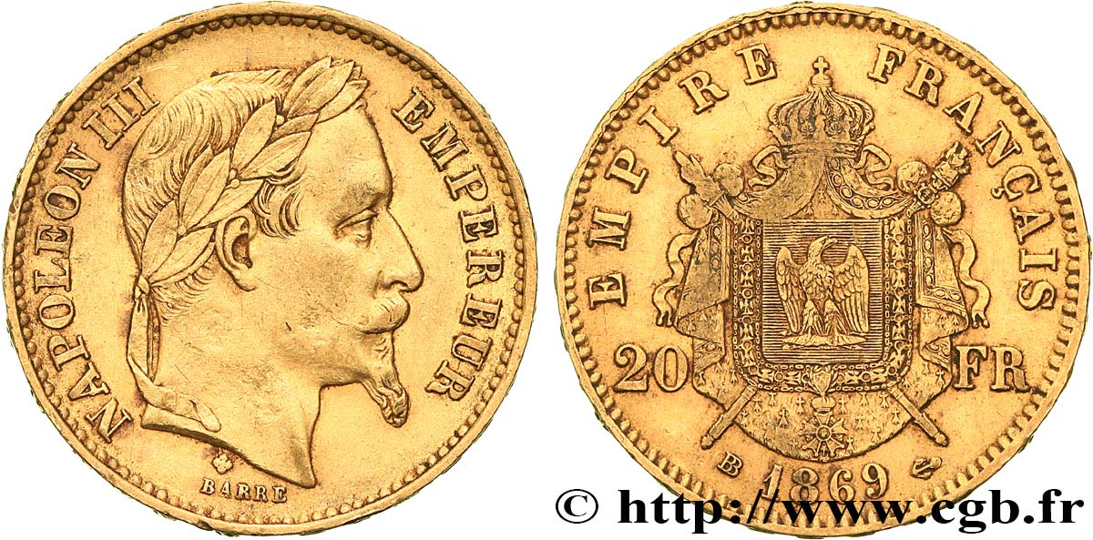 20 francs or Napoléon III, tête laurée, petit BB 1869 Strasbourg F.532/21 q.BB 