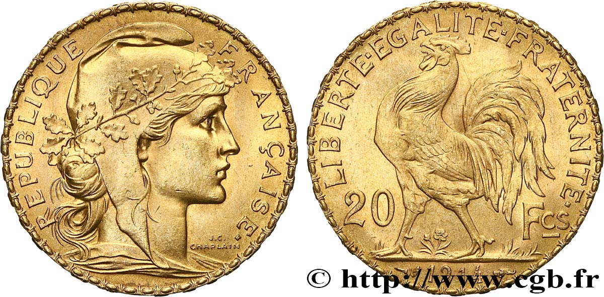20 francs or Coq, Liberté Égalité Fraternité 1914 Paris F.535/8 SPL 