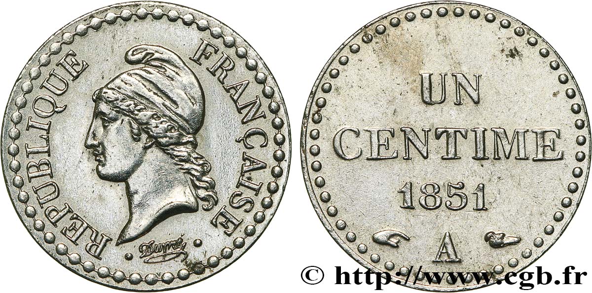 Un centime Dupré, IIe République, nickelée 1851 Paris F.101/8 SUP 