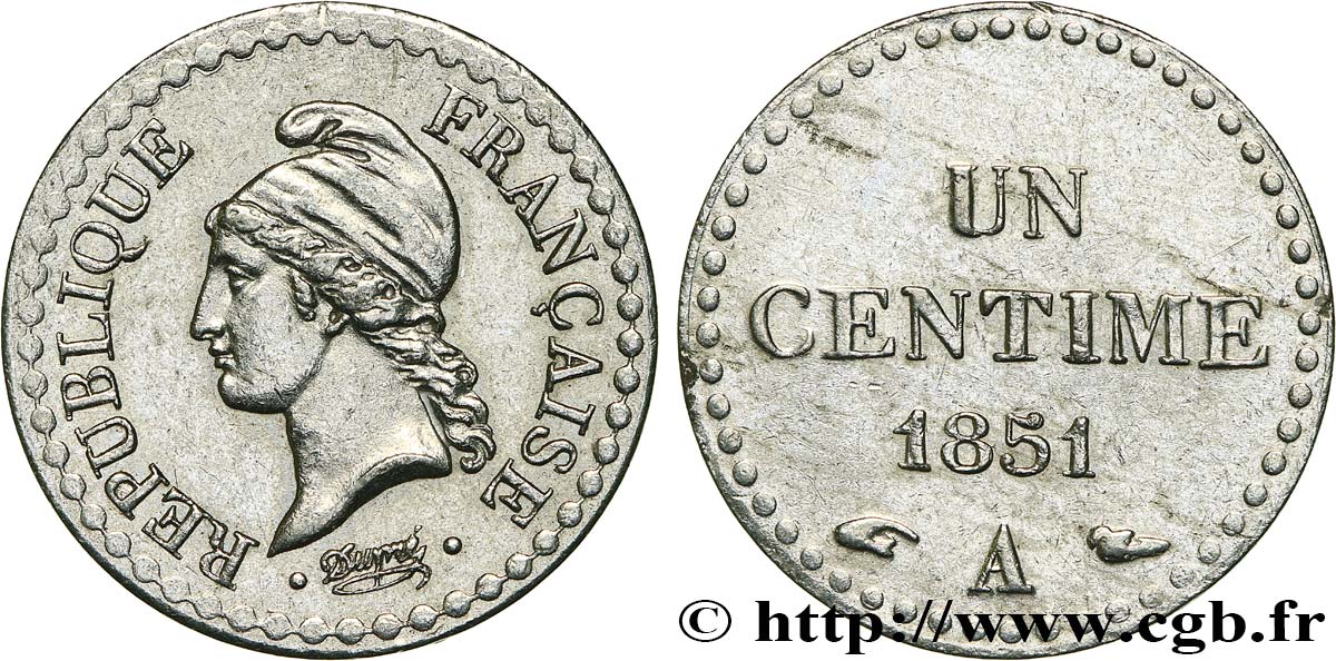 Un centime Dupré, IIe République, nickelée 1851 Paris F.101/8 AU 