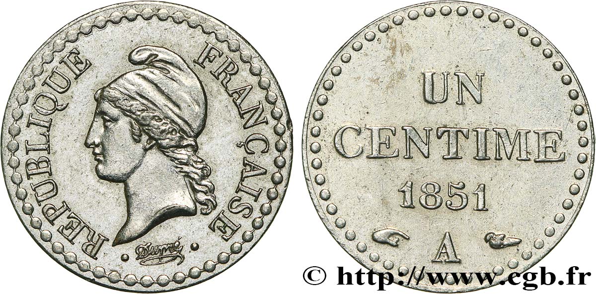 Un centime Dupré, IIe République, nickelée 1851 Paris F.101/8 SUP 