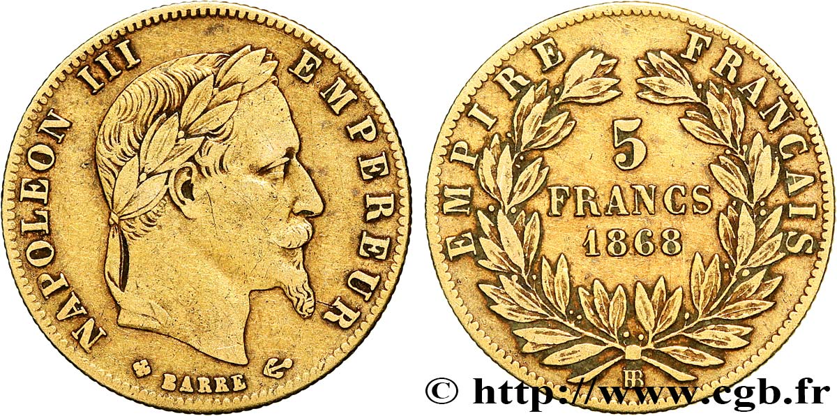 5 francs or Napoléon III, tête laurée 1868 Strasbourg F.502/14 MBC40 