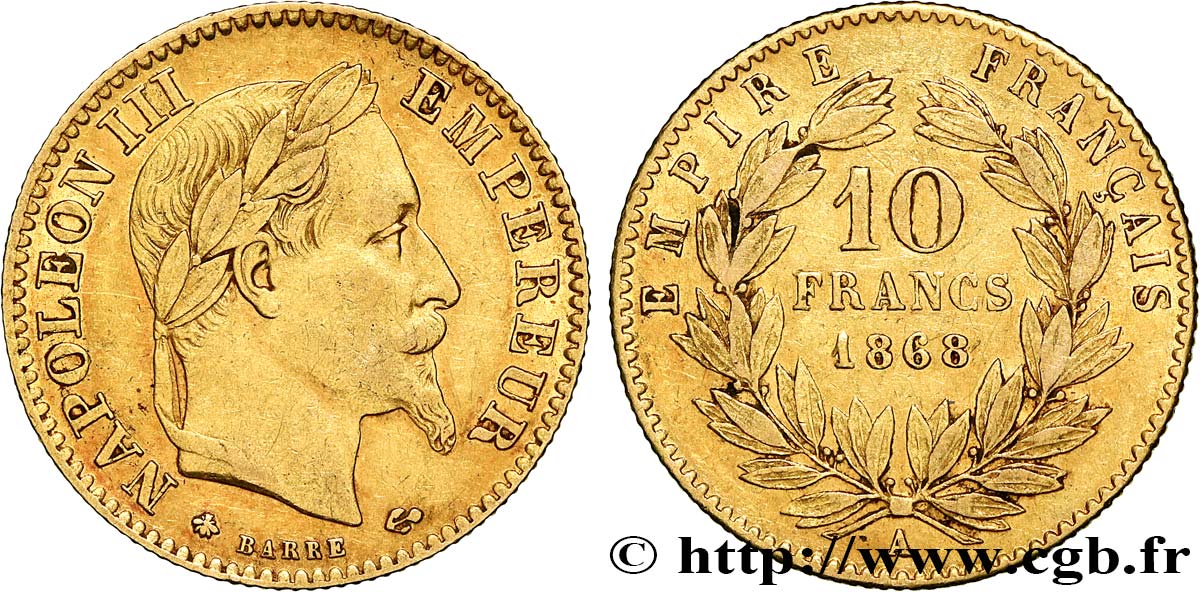 10 francs or Napoléon III, tête laurée 1868 Paris F.507A/17 TB35 