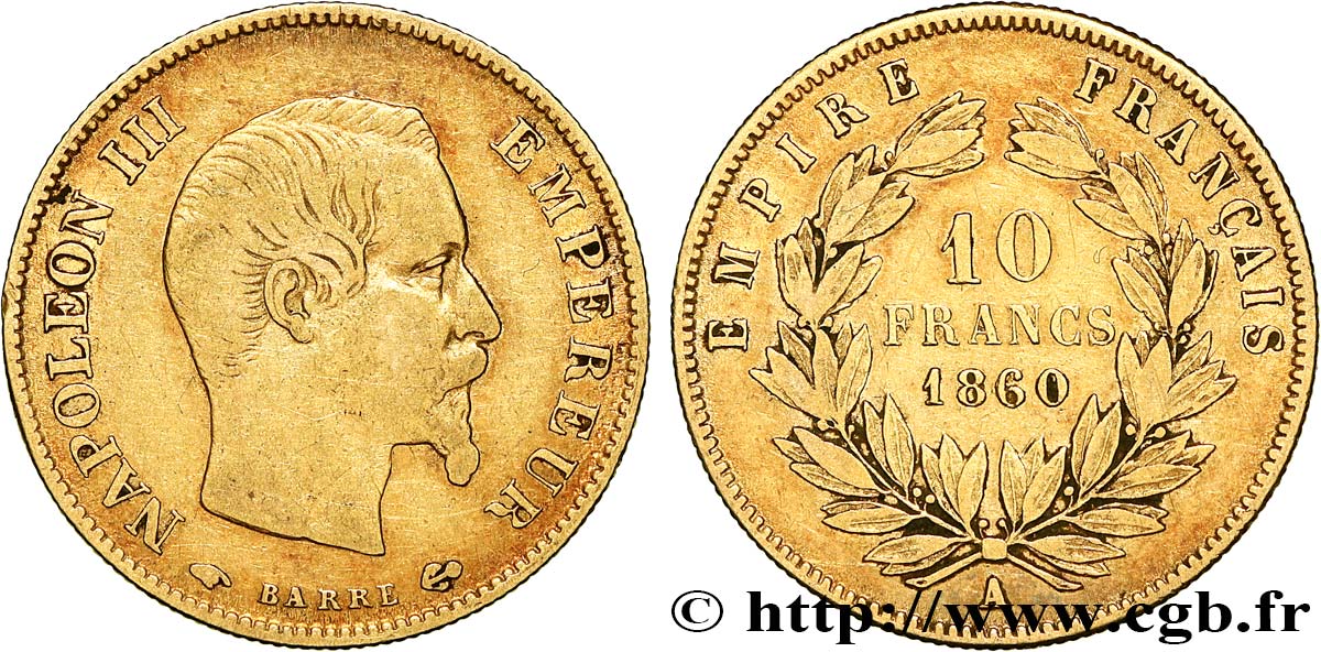 10 francs or Napoléon III, tête nue 1860 Paris F.506/9 TB 