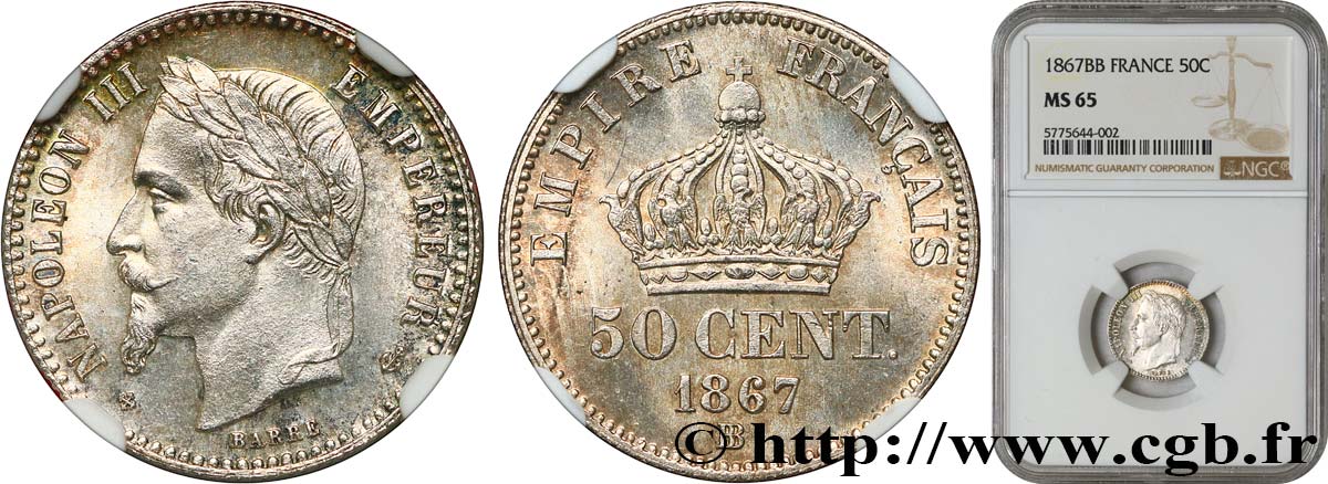 50 centimes Napoléon III, tête laurée 1867 Strasbourg F.188/16 FDC65 NGC