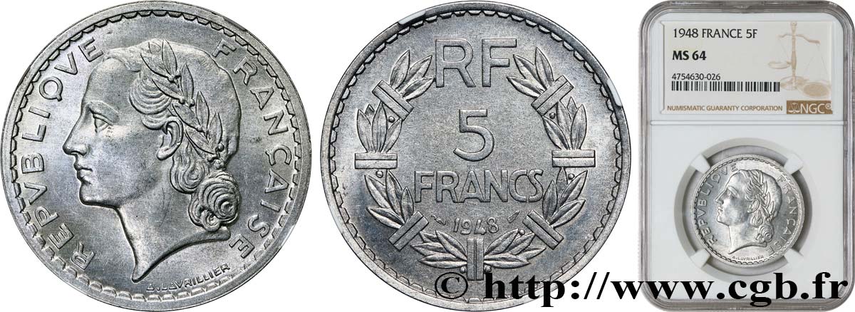 5 francs Lavrillier, aluminium, 9 fermé 1948  F.339/14 fST64 NGC