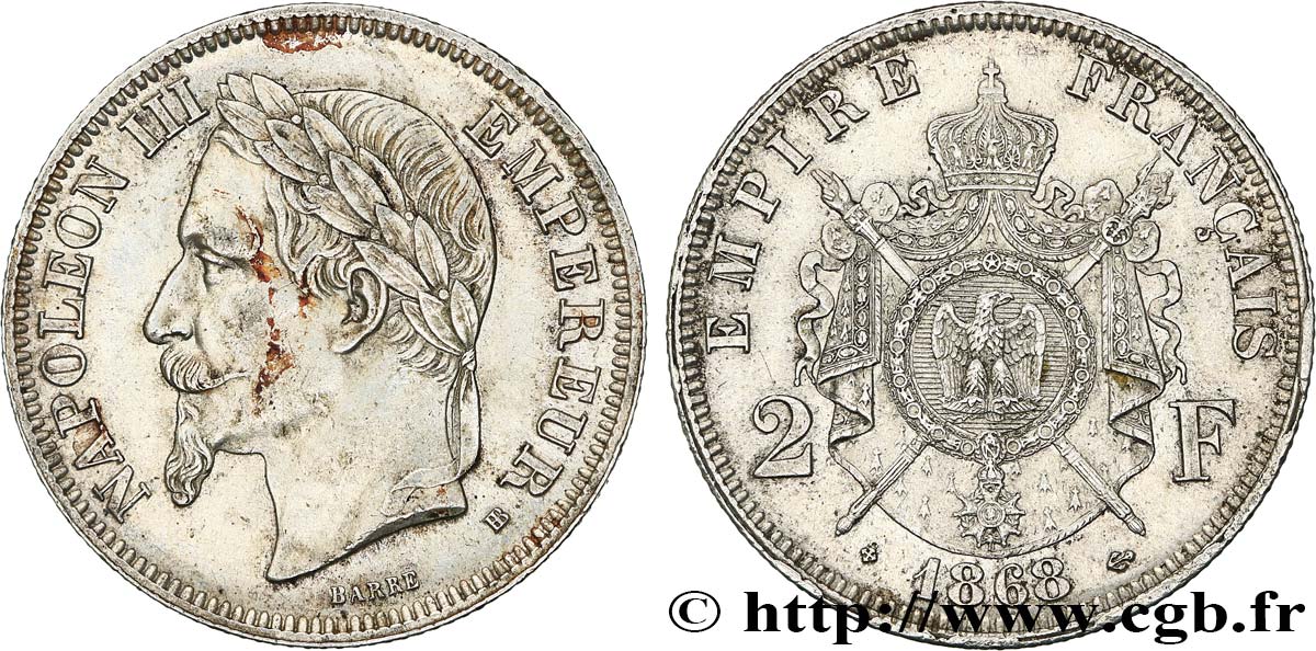 2 francs Napoléon III, tête laurée 1868 Strasbourg F.263/9 q.SPL 