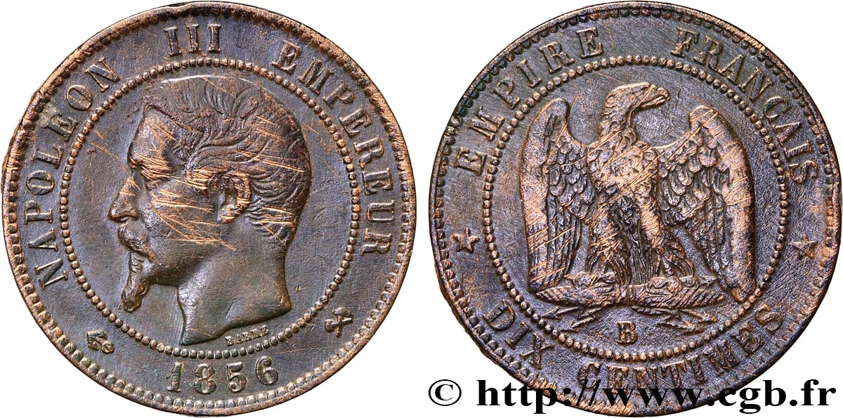 Dix centimes Napoléon III, tête nue 1856 Rouen F.133/35 BC25 