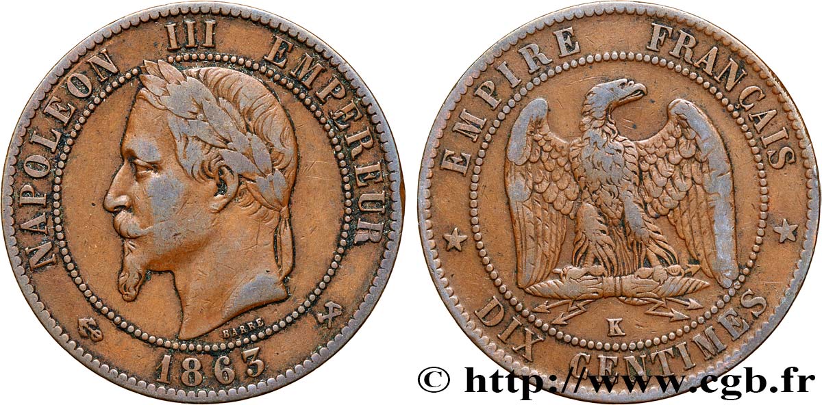 Dix centimes Napoléon III, tête laurée 1863 Bordeaux F.134/12 BC25 