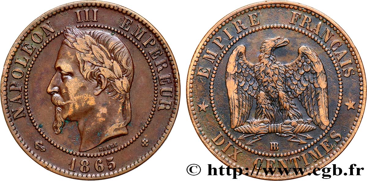 Dix Centimes Napoléon tête laurée 1865 Strasbourg F.134/17 TTB45 