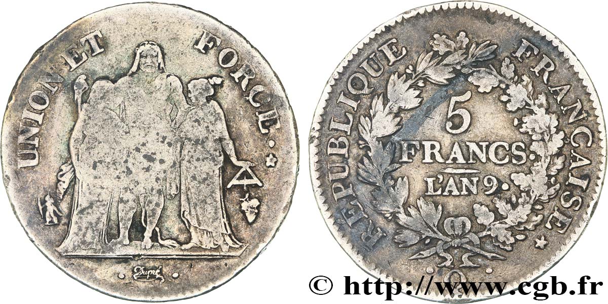 5 francs Union et Force, Union serré, avec glands intérieurs et gland extérieur 1801 Perpignan F.288/69,5 BC15 
