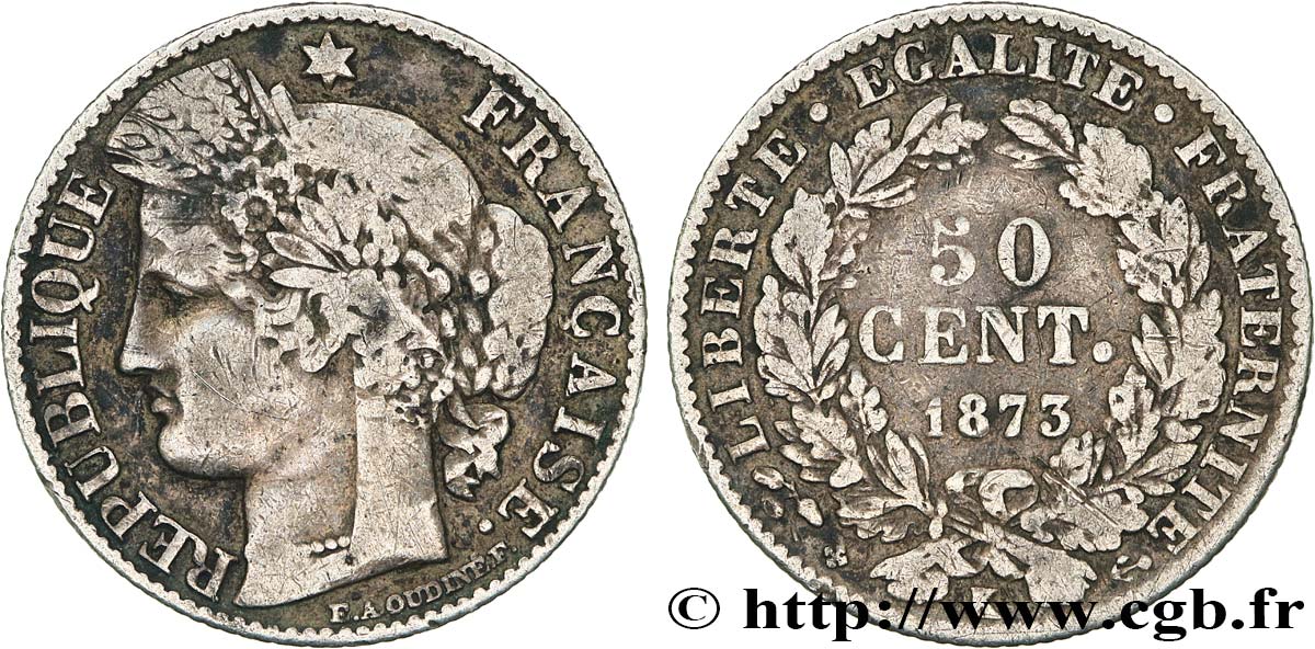 50 centimes Cérès, IIIe République 1873 Bordeaux F.189/6 VF 
