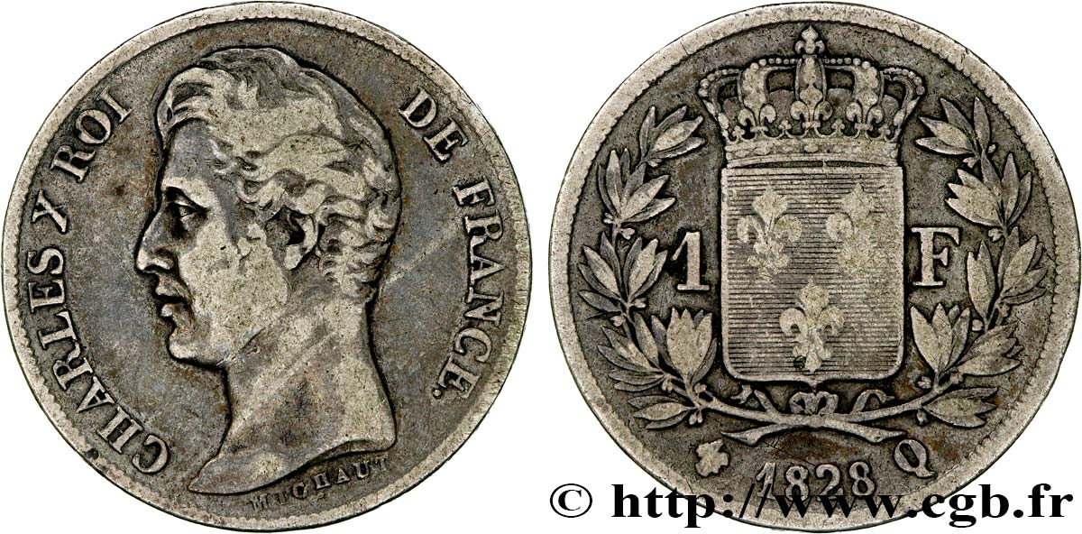 1 franc Charles X, matrice du revers à quatre feuilles 1828 Perpignan F.207A/10 TB 