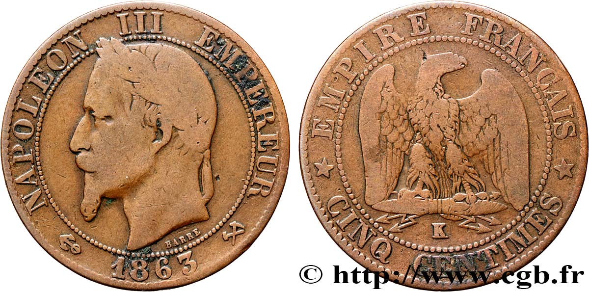 Cinq centimes Napoléon III, tête laurée 1863 Bordeaux F.117/12 RC10 