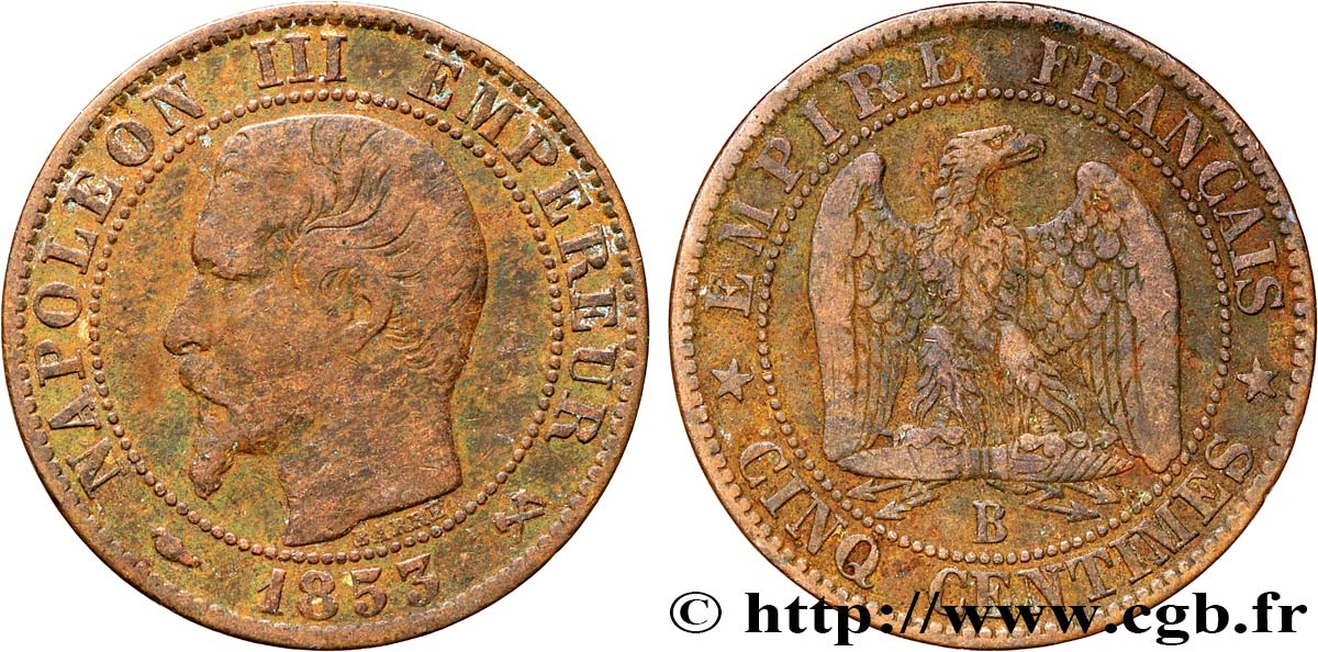 Cinq centimes Napoléon III, tête nue 1853 Rouen F.116/2 B12 