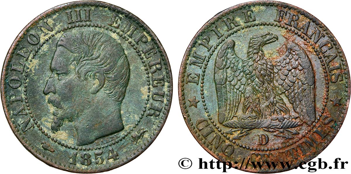 Cinq centimes Napoléon III, tête nue 1854 Lyon F.116/12 TB+ 