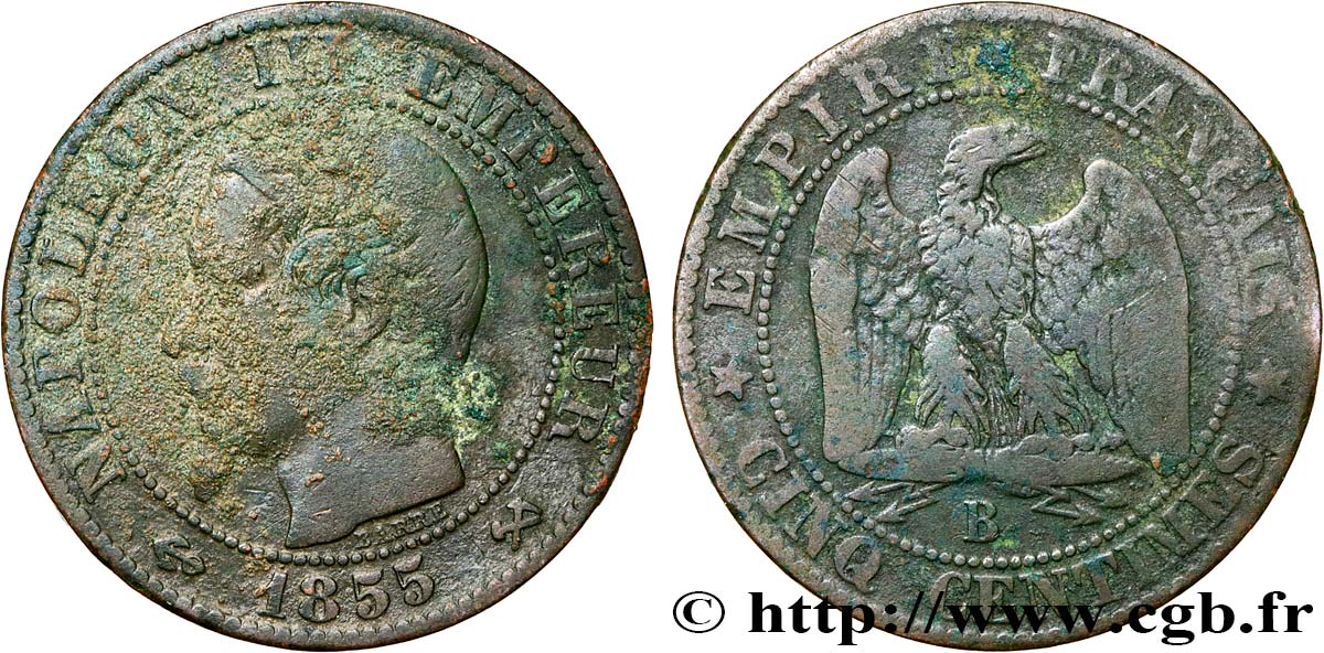Cinq centimes Napoléon III, tête nue 1855 Rouen F.116/19 TB25 