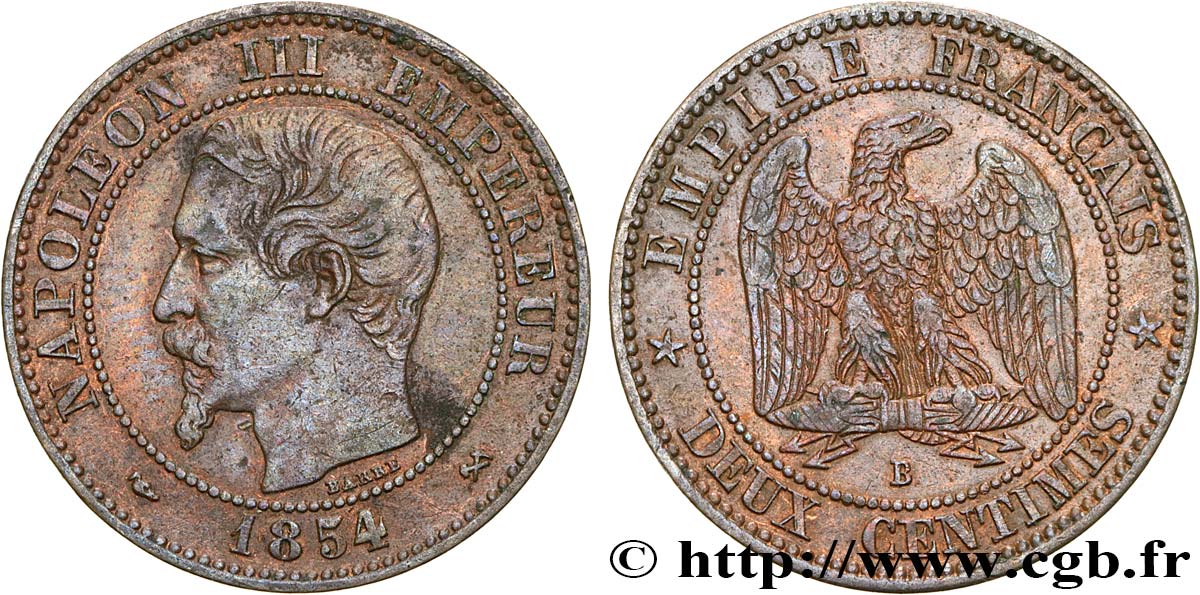 Deux centimes Napoléon III, tête nue 1854 Rouen F.107/10 TTB40 