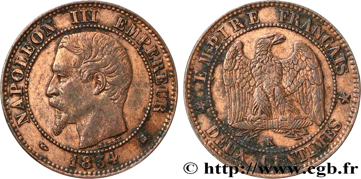 Deux centimes Napoléon III, tête nue 1854 Bordeaux F.107/16 BC35 