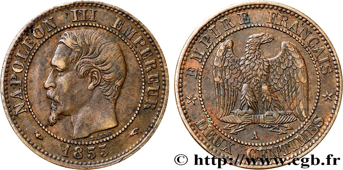 Deux centimes Napoléon III, tête nue 1855 Paris F.107/19 BC35 