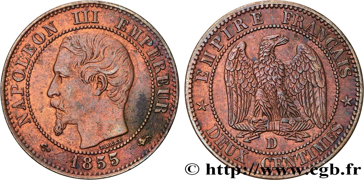 Deux centimes Napoléon III, tête nue 1855 Lyon F.107/27 fVZ 