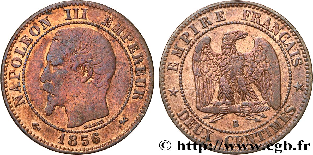 Deux centimes Napoléon III, tête nue 1856 Rouen F.107/39 MBC 