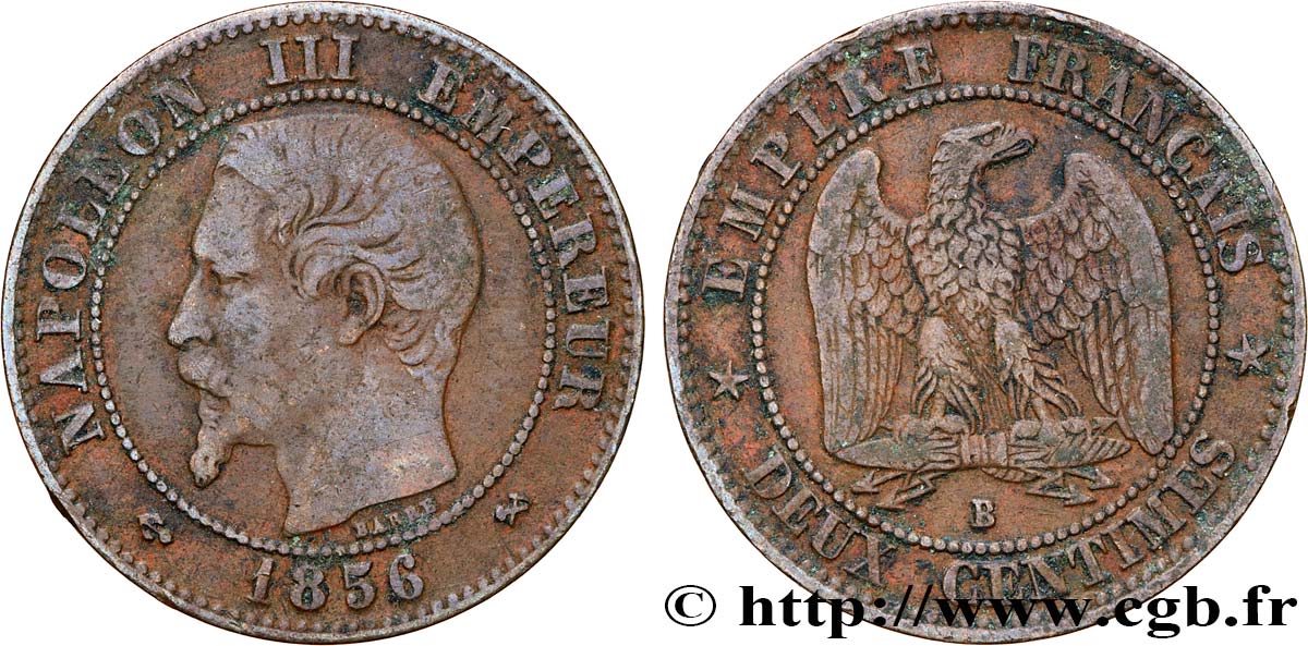 Deux centimes Napoléon III, tête nue 1856 Rouen F.107/39 TB35 