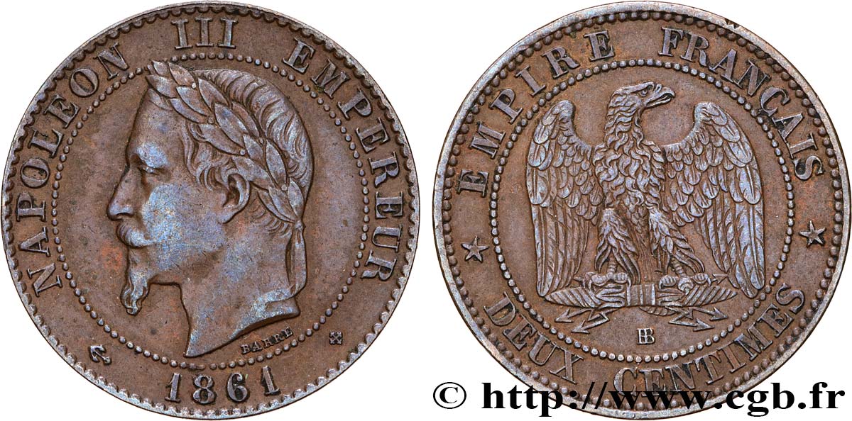 Deux centimes Napoléon III, tête laurée 1861 Strasbourg F.108/2 TB35 