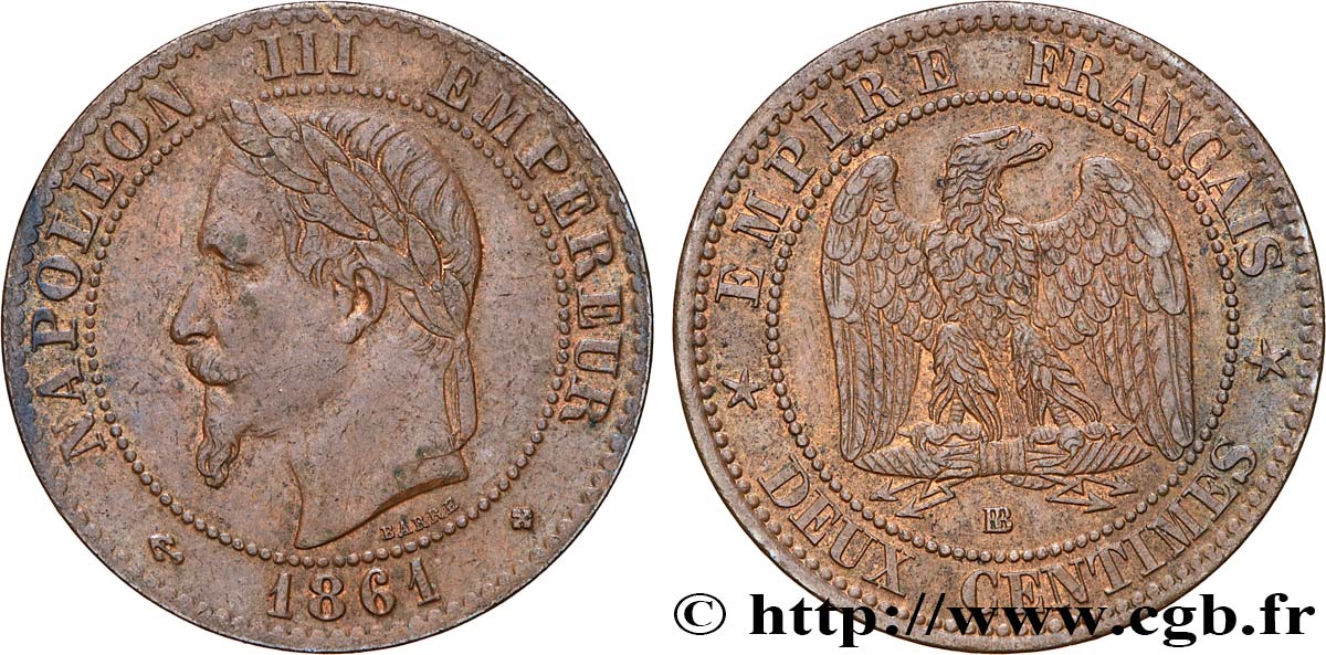 Deux centimes Napoléon III, tête laurée, buste provisoire 1861 Strasbourg F.108/2 TTB+ 