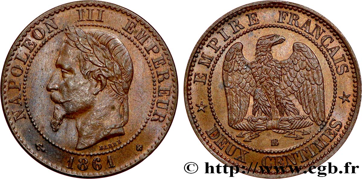 Deux centimes Napoléon III, tête laurée, buste provisoire 1861 Strasbourg F.108/2 SUP58 