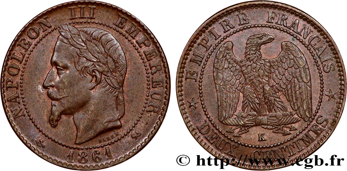 Deux centimes Napoléon III, tête laurée 1861 Bordeaux F.108/3 SUP58 