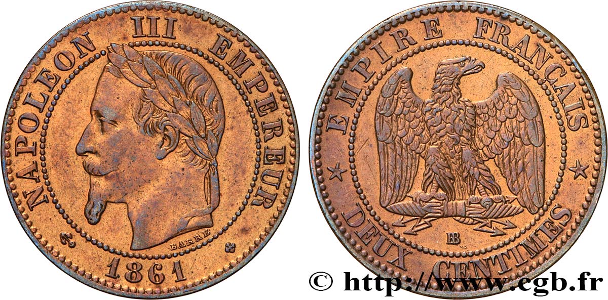 Deux centimes Napoléon III, tête laurée 1861 Strasbourg F.108A/2 AU54 
