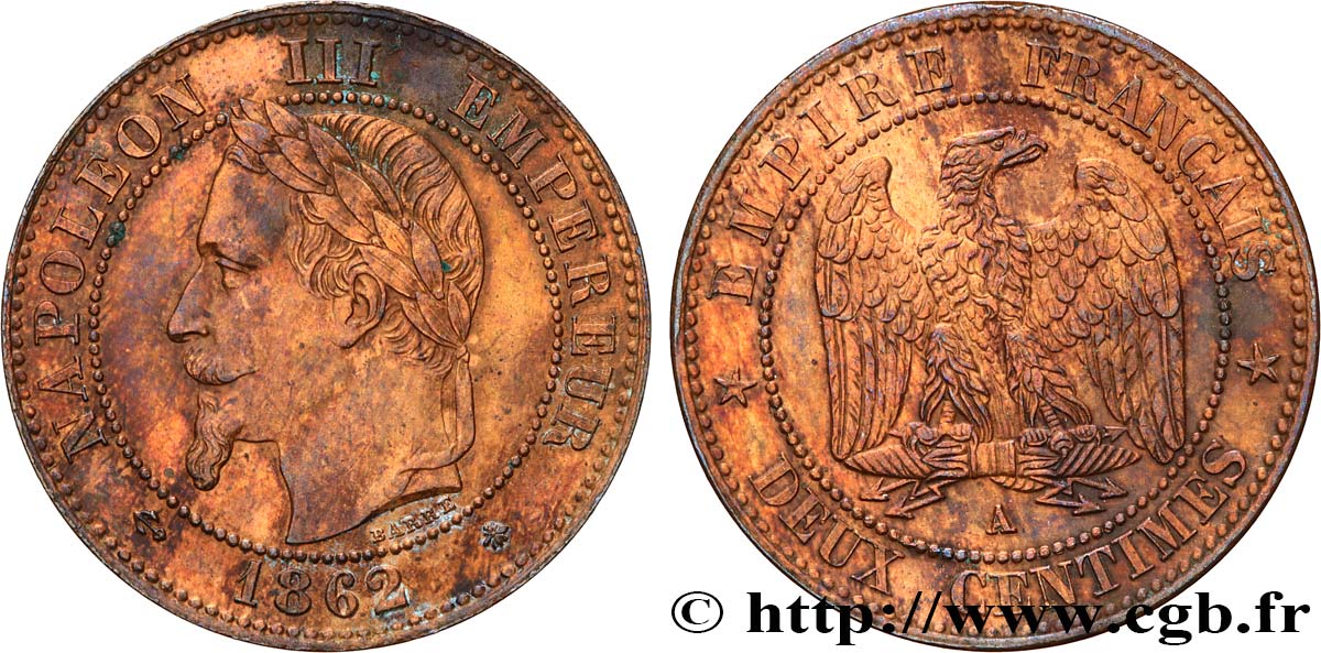Deux centimes Napoléon III, tête laurée 1862 Paris F.108A/4 MBC 