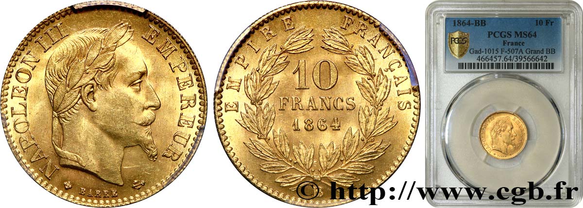 10 francs or Napoléon III, tête laurée 1864 Strasbourg F.507A/8 SC64 PCGS