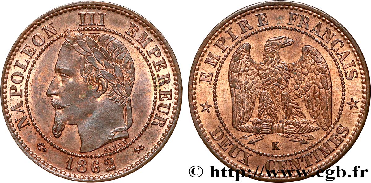 Deux centimes Napoléon III, tête laurée 1862 Bordeaux F.108A/7 SPL62 