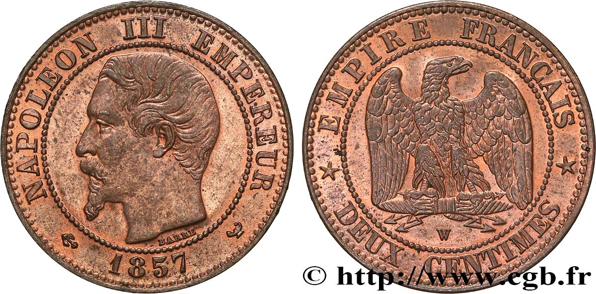 Deux centimes Napoléon III, tête nue 1857 Lille F.107/51 MS63 