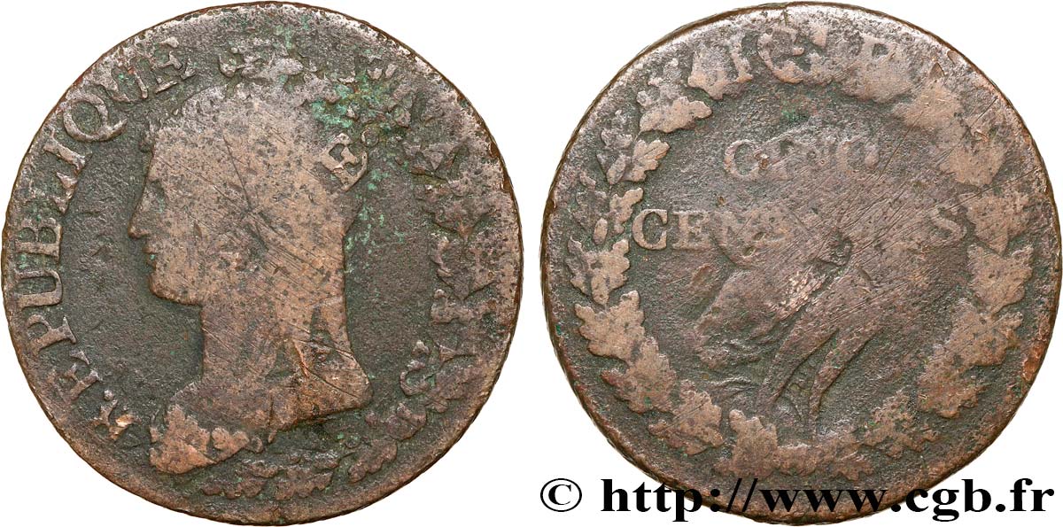 Cinq centimes Dupré, grand module,  refrappage  du décime n.d. s.l. F.114/- VG 