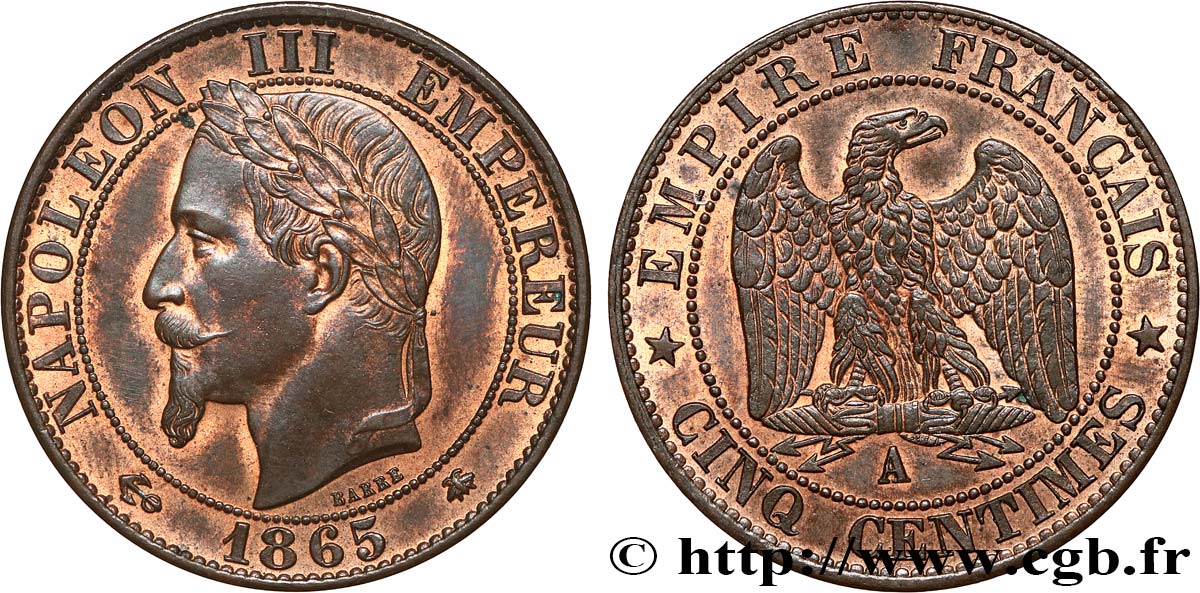 Cinq centimes Napoléon III, tête laurée 1865 Paris F.117/16 MS63 