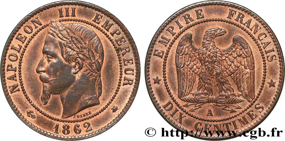 Dix centimes Napoléon III, tête laurée 1862 Paris F.134/7 MS62 