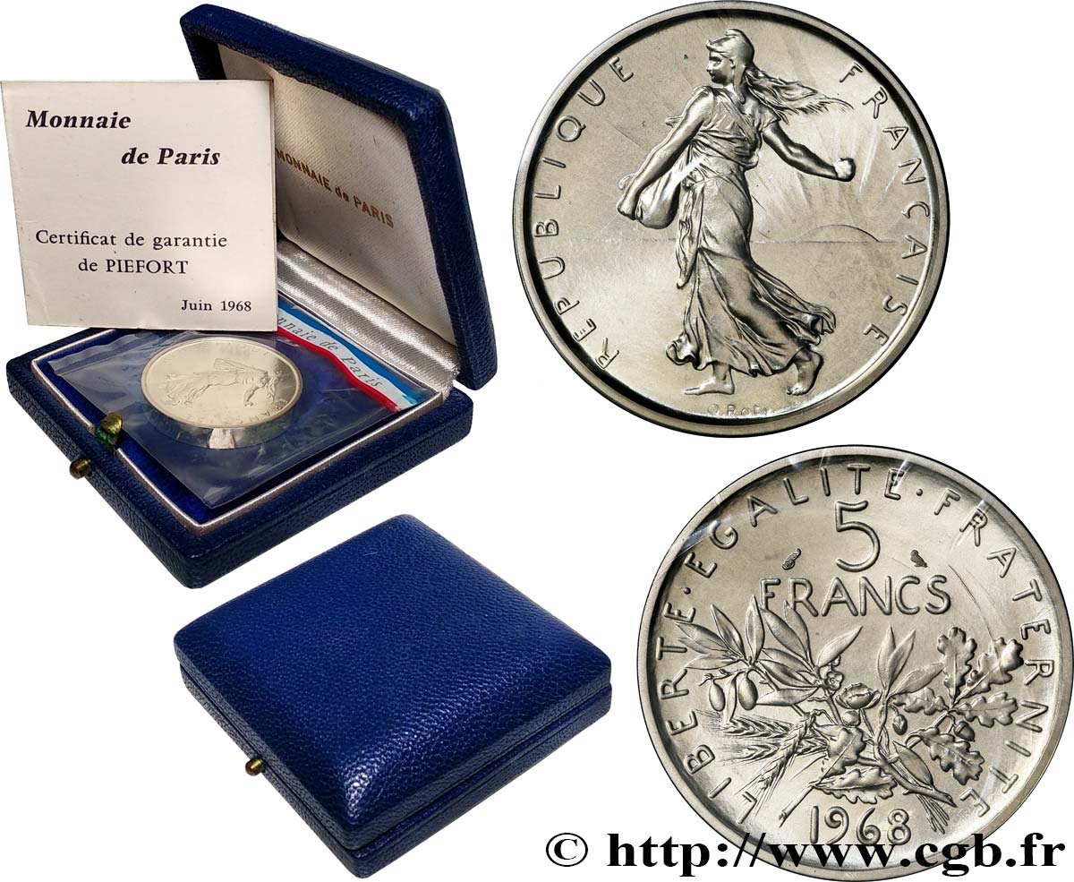 Piéfort argent de 5 francs Semeuse 1968 Paris GEM.153 P3 ST 