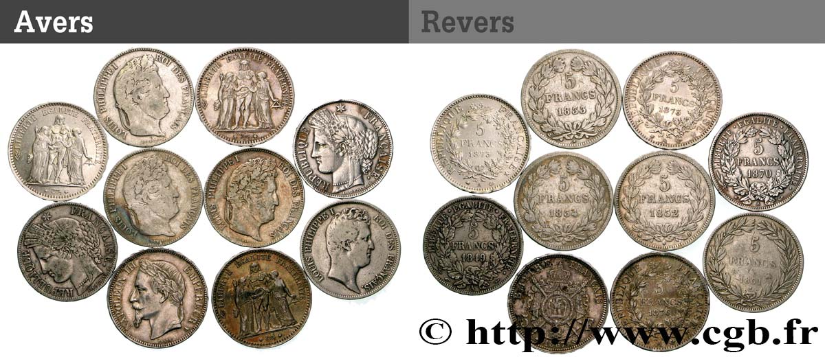 Lot de dix écus de 5 francs n.d.  F.-/ S 