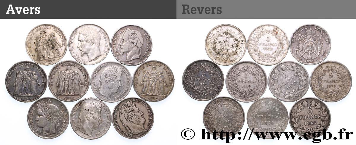Lot de dix écus de 5 francs n.d.  F.-/ VF 