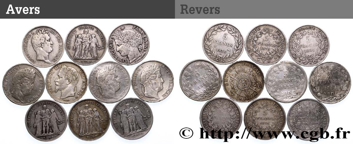 Lot de dix écus de 5 francs n.d.  F.-/ TB 