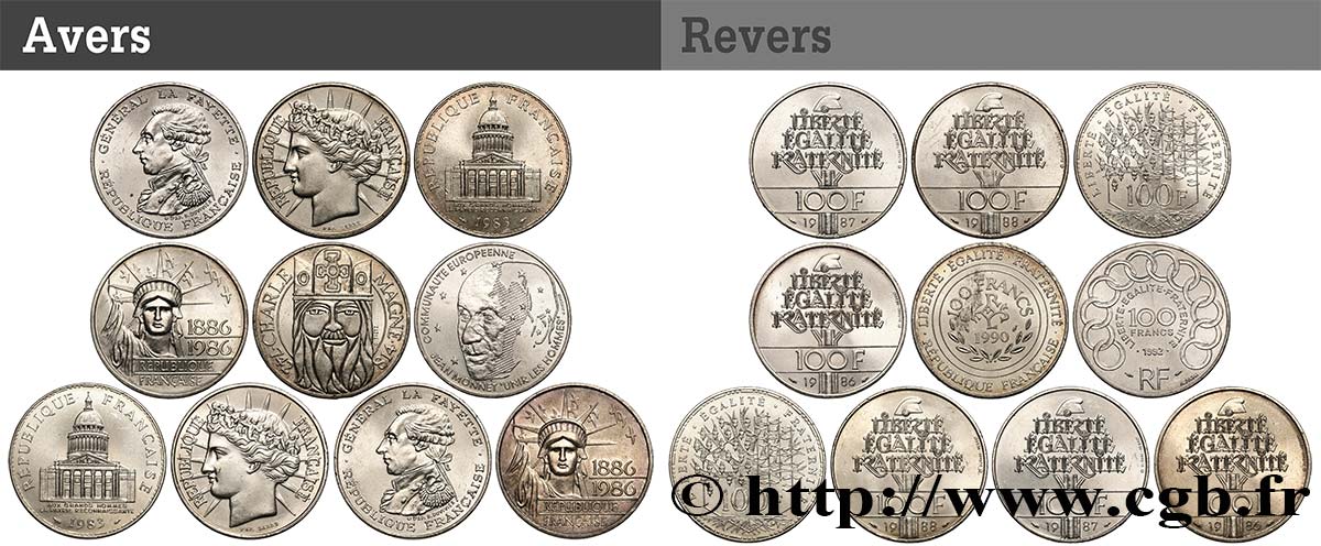 Lot de 10 pièces de 100 francs commémoratives - - F.-/ SS 