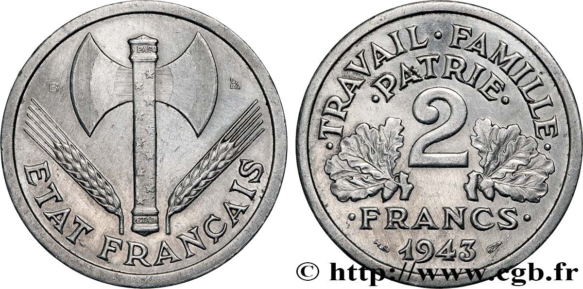 2 francs Francisque 1943 Beaumont-Le-Roger F.270/3 EBC 