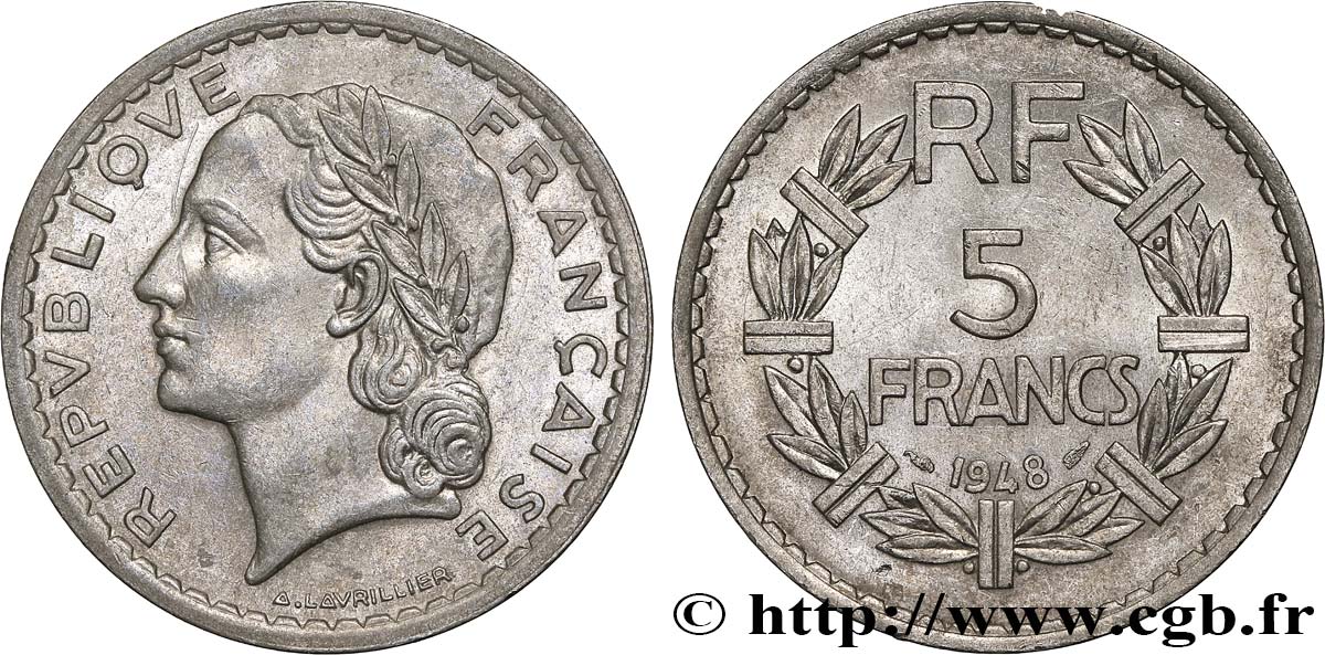 5 francs Lavrillier, aluminium, 9 fermé 1948  F.339/14 TTB+ 