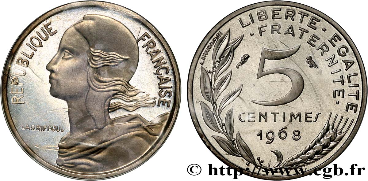 Piéfort Argent de 5 centimes Marianne 1968 Paris GEM.22 P2 FDC 